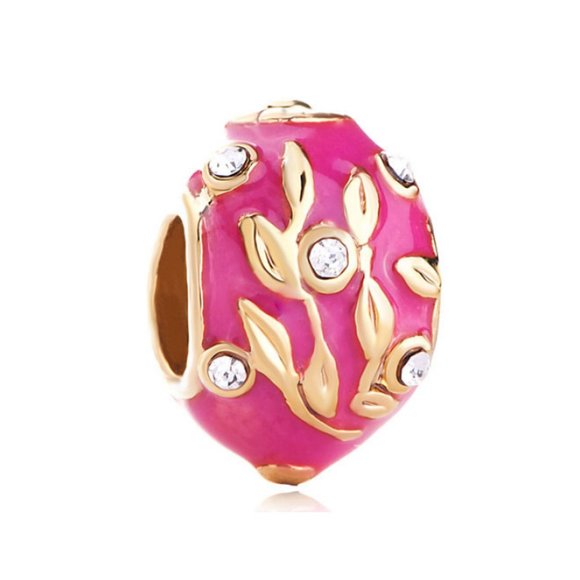 FREE S/H Pugster Faberge Egg Pink Enamel Gold Plate Bracelet Charm -Fits Pandora - Picture 2 of 2